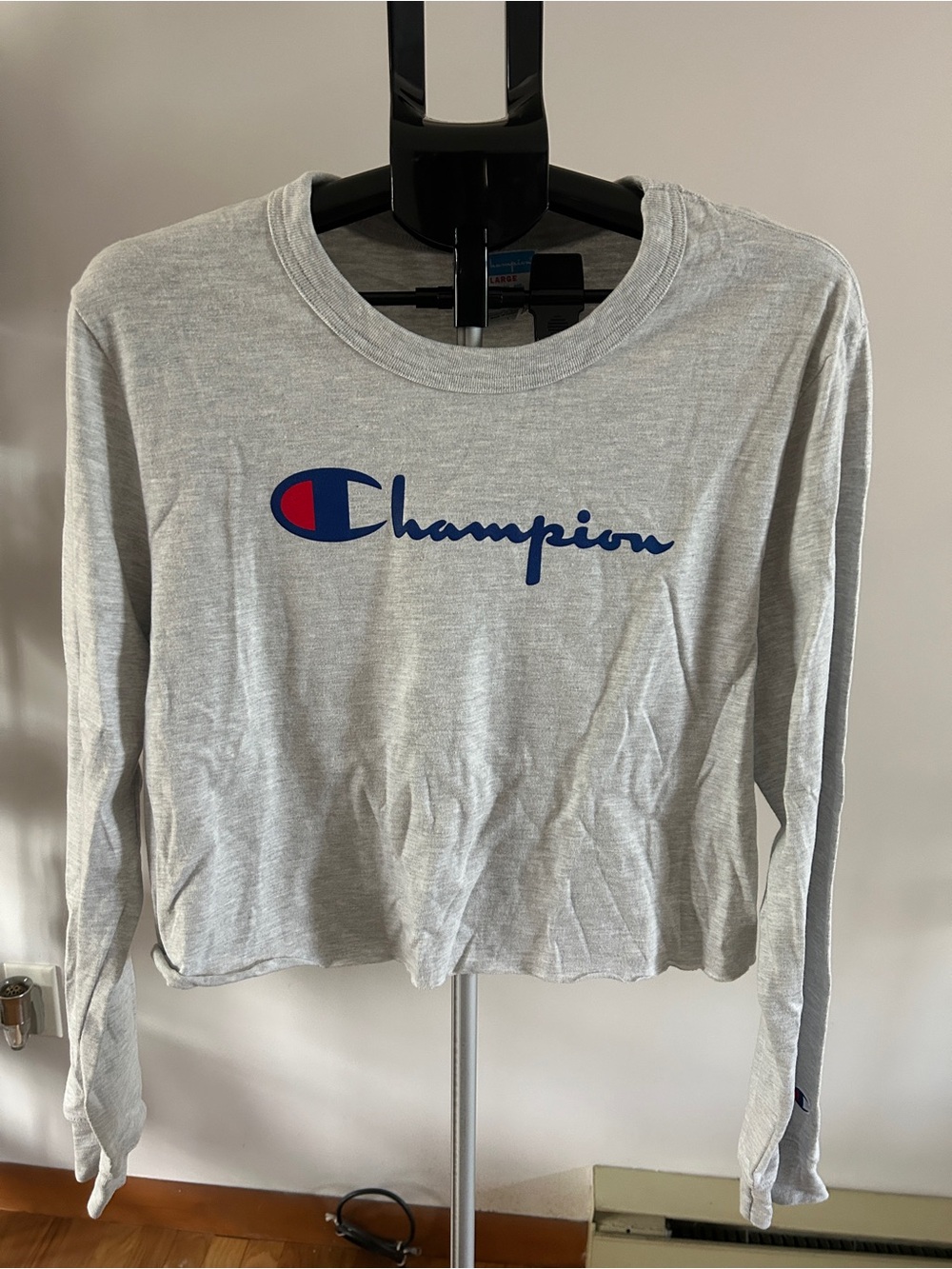 Champion Light Gray Long Sleeve Crop Tee with Blue & Red Logo